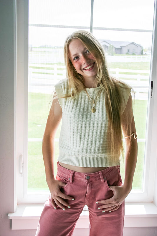 Cream Textured Sleeveless Knit Top