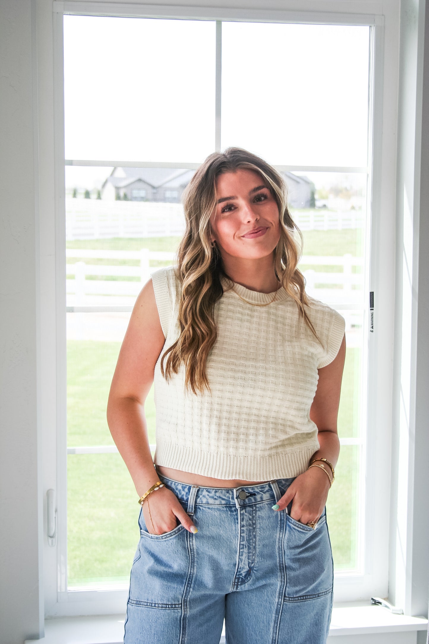 Cream Textured Sleeveless Knit Top